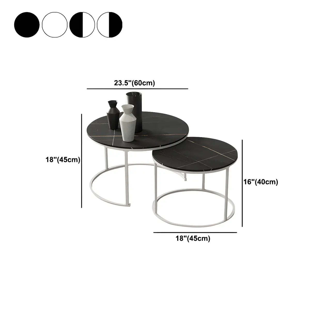 Iron-Frame Round Stone Top Nesting Coffee Tables — Black / White/ White