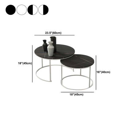 Iron-Frame Round Stone Top Nesting Coffee Tables — Black / White/ White