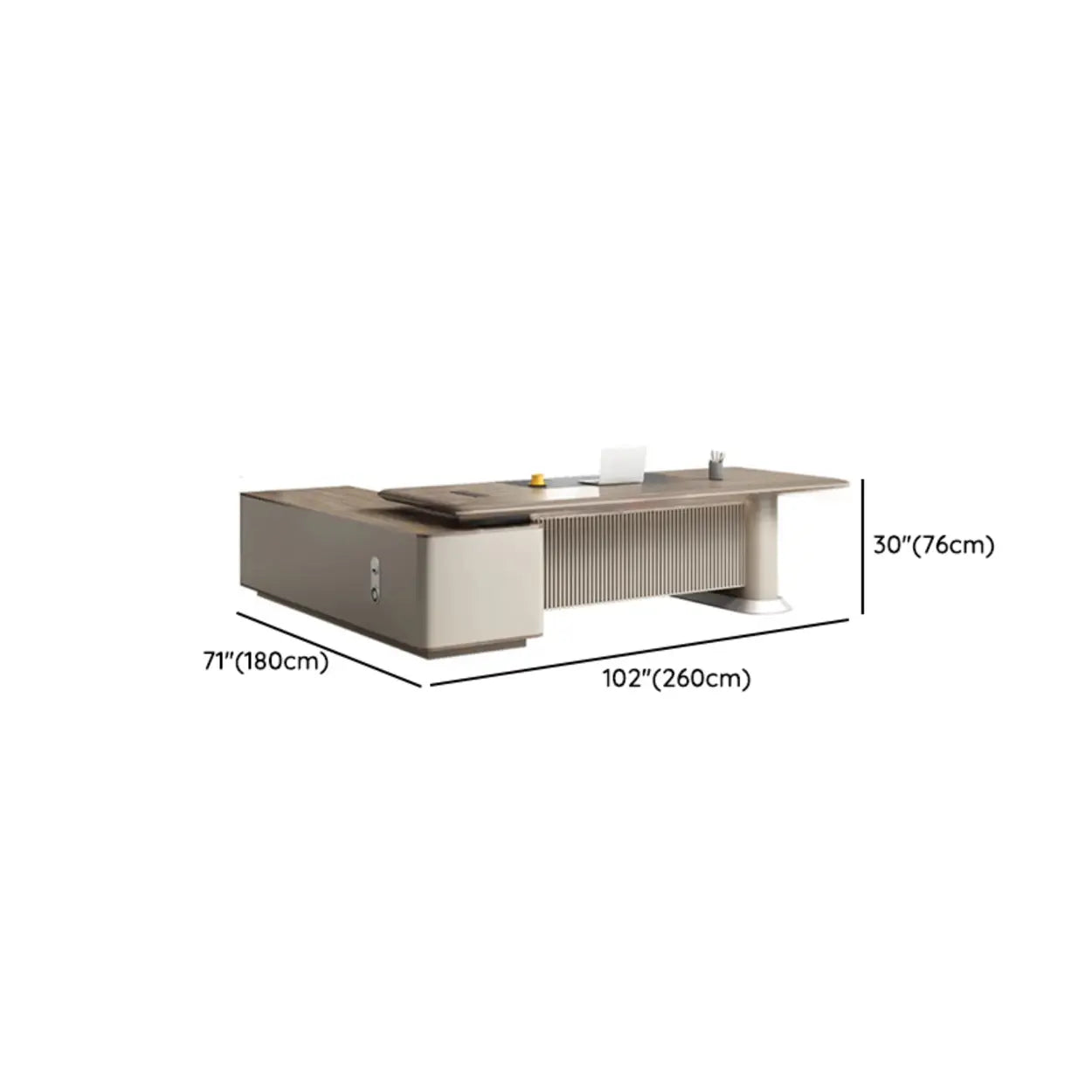 Gray Base Long L-Shape Brown Wood Executive Desk