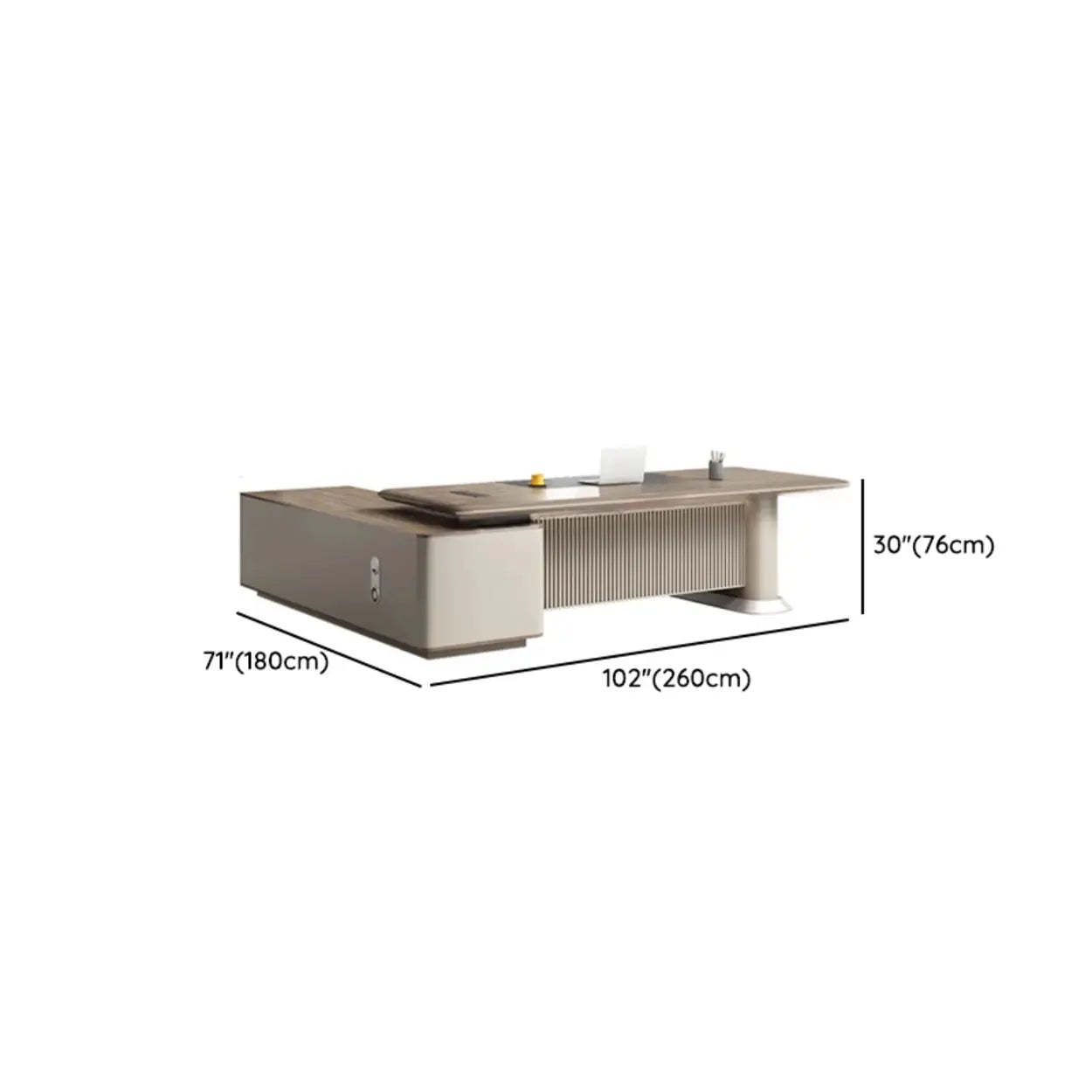 Gray Base Long L-Shape Brown Wood Executive Desk
