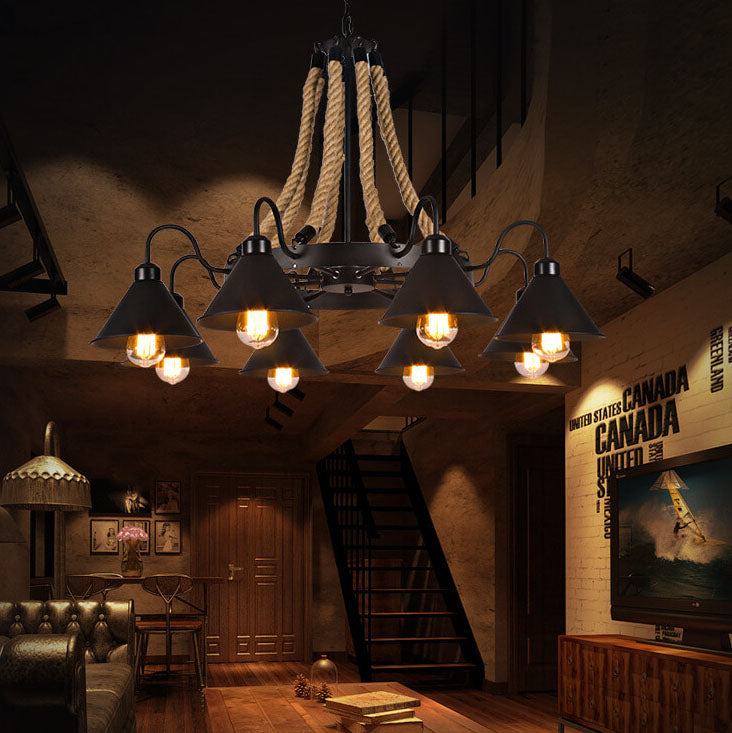 Industrial rope cone black metal chandeliers, Lighom — 6-Light / 220V-240V (UK/AU