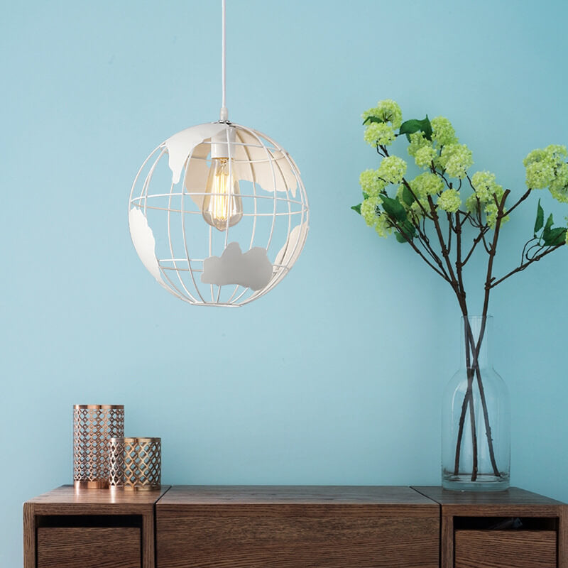 Industrial earth globe pendant lighting in metal — 7.87" W x 39.37" L x 7.87" H / Matte Black / 220V-240V (UK/AU)