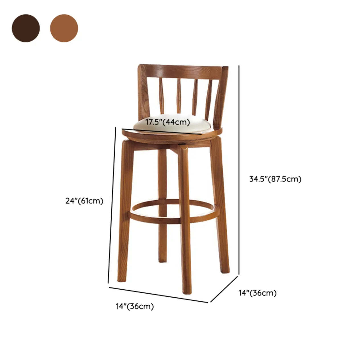 Dark Walnut Round Ash Wood Faux Leather Bar Stool
