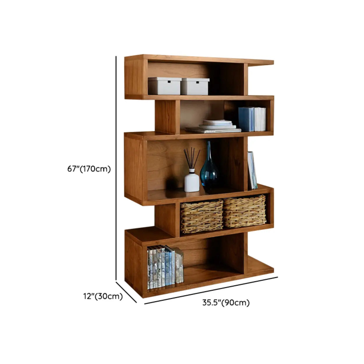 Modern Brown Geometric Pine Wood Bookcase
