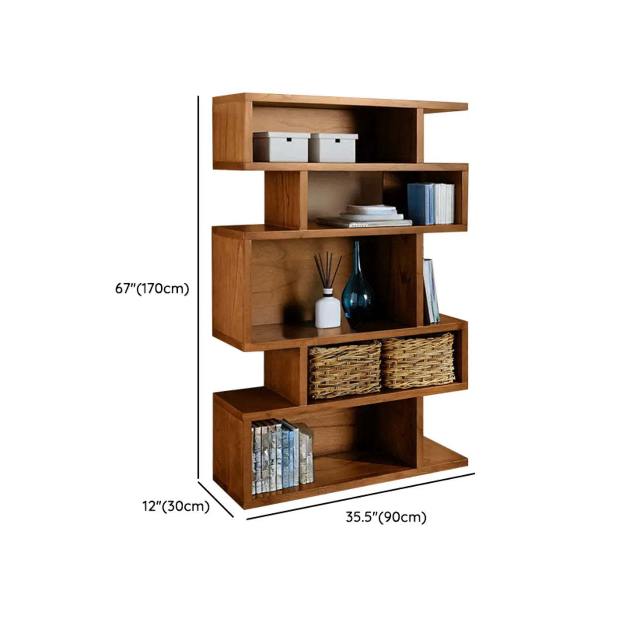 Modern Brown Geometric Pine Wood Bookcase