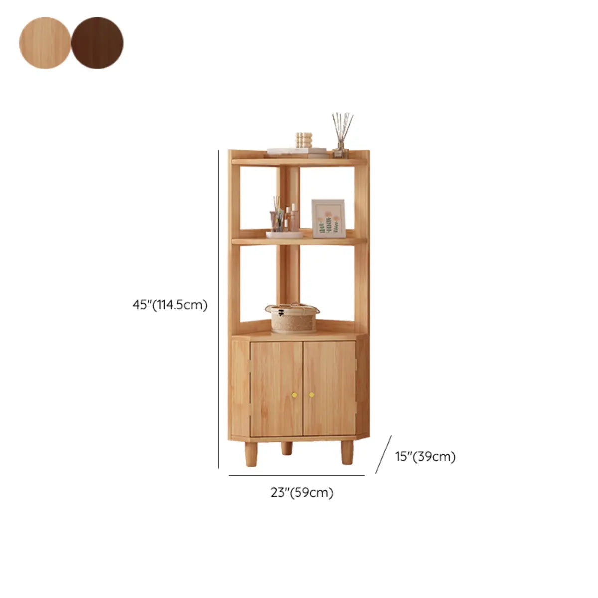 Wood Corner Open Storage Display Cabinet Natural Finish #size