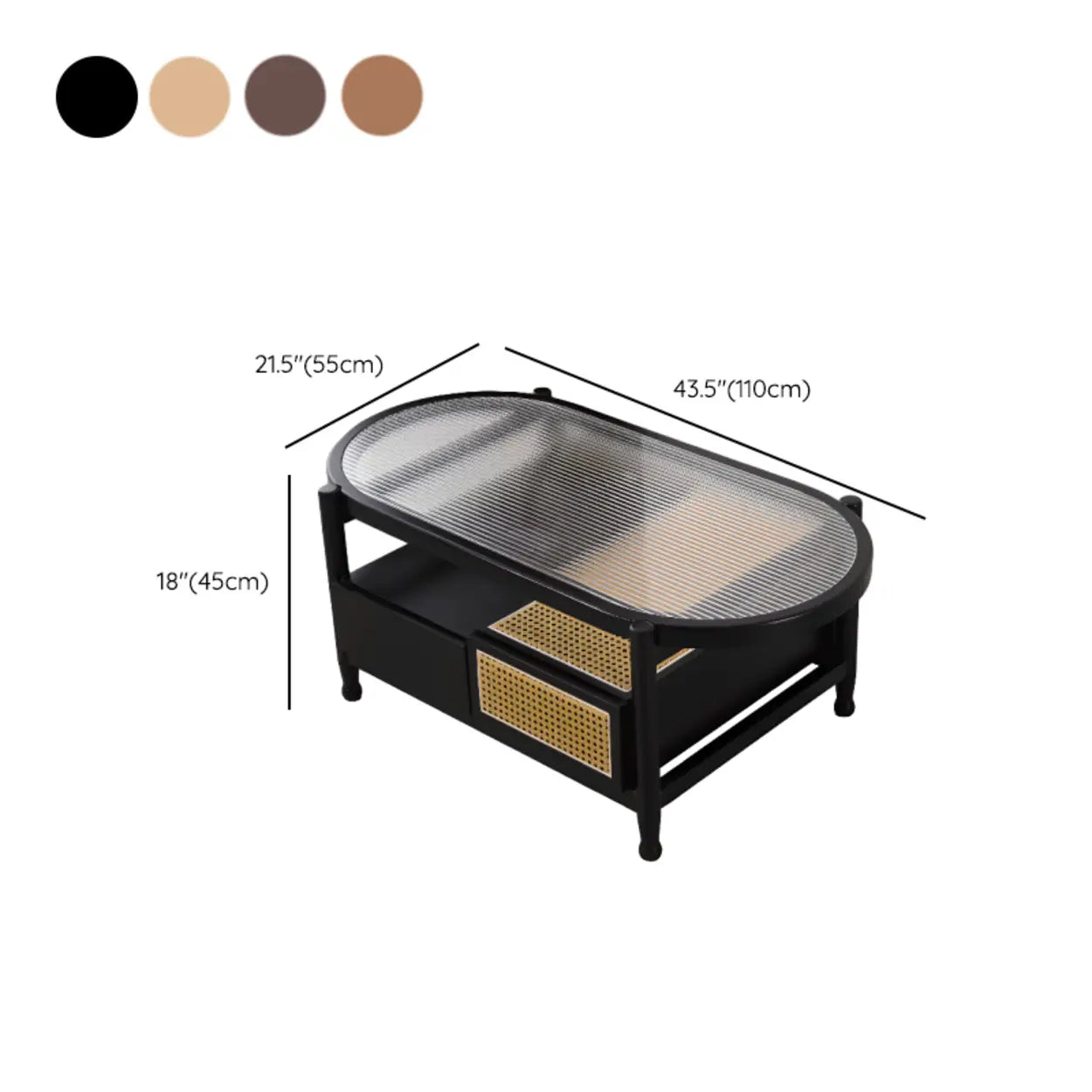 Scandinavian Oval Glass-Top Shelf Drawer Coffee Table
