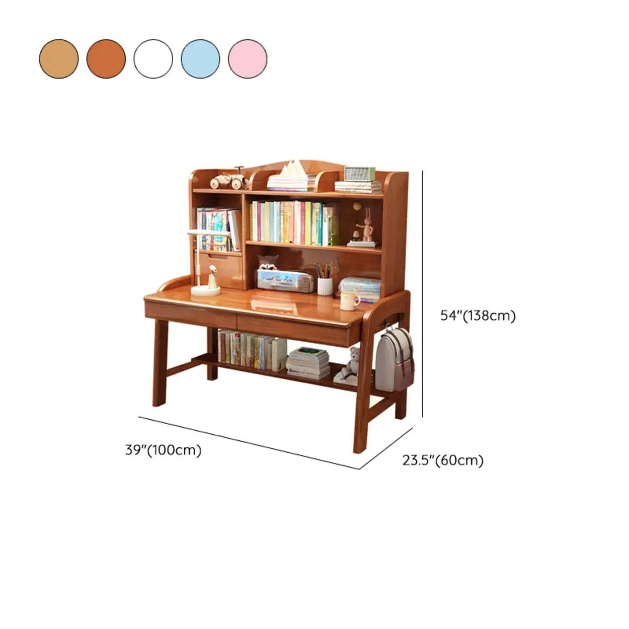 Natural Wood Writing Desk with Hutch Drawer and Shelf