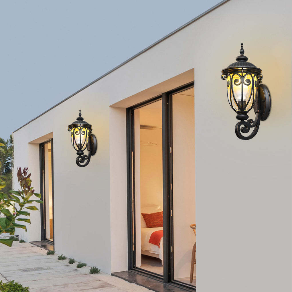 1-Light Antique Black Waterproof Seeded Glass Outdoor Wall Light-Lighom