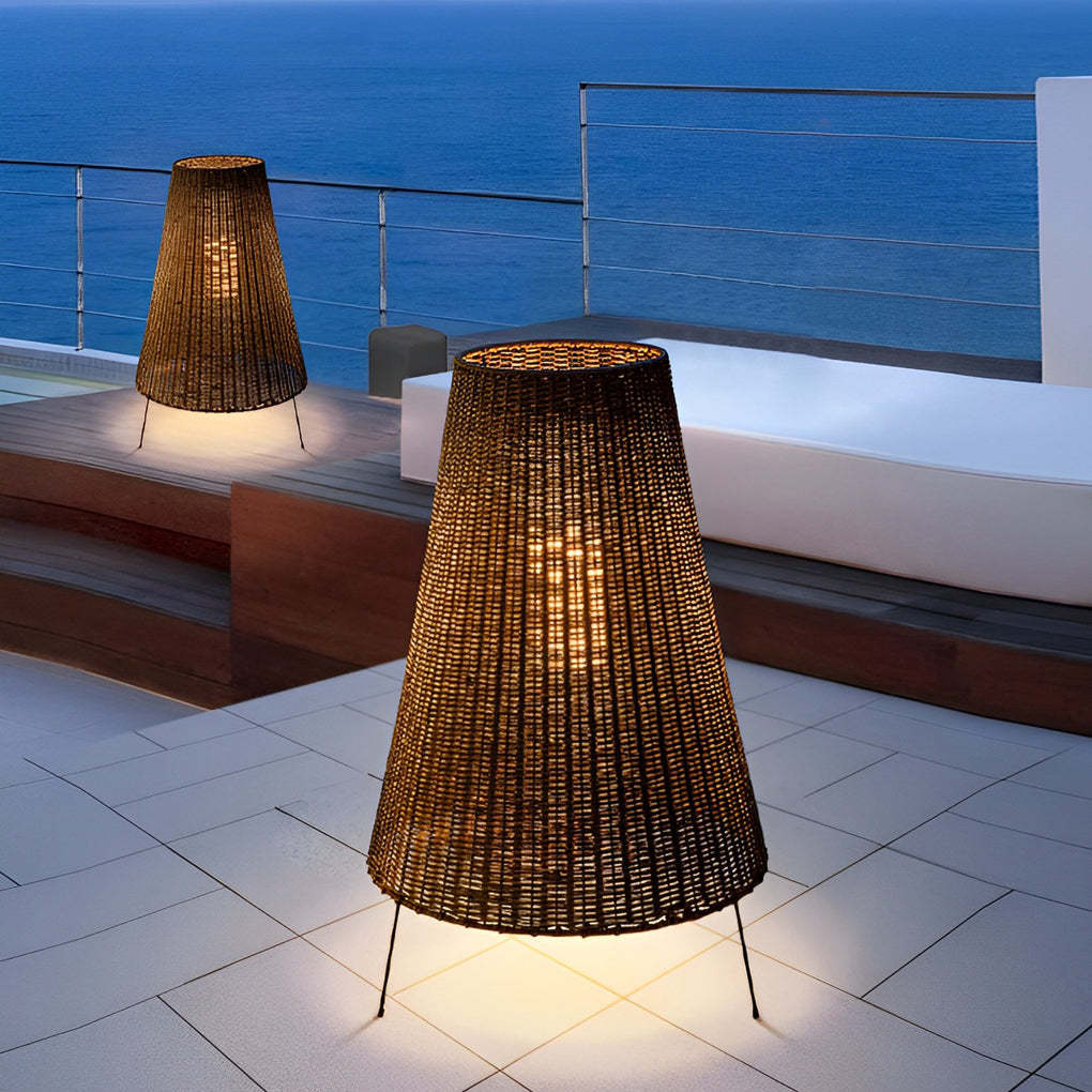 Rattan Shaded Tripod Metal and 1-Light Outdoor Floor Lamp-Lighom