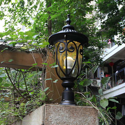 Round Bubble Glass Black European Outdoor Pillar Lamp