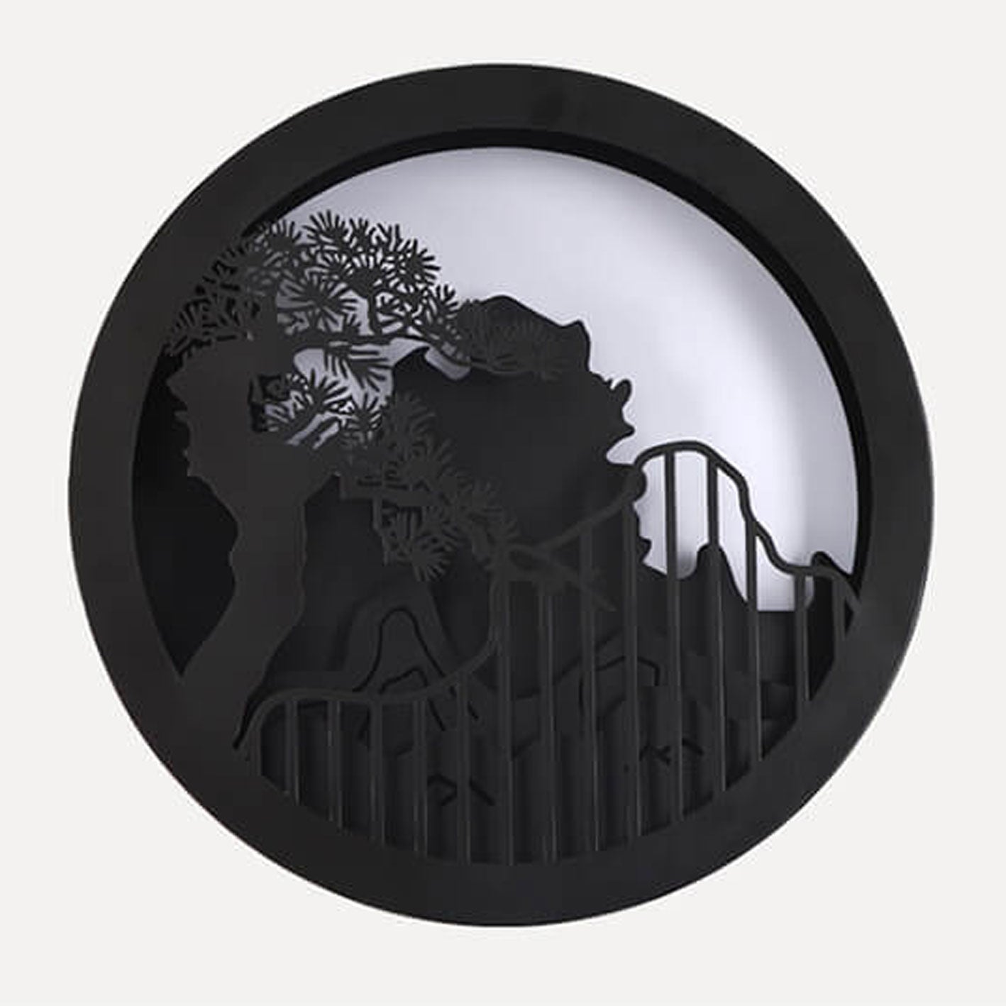 Chinese Landscape Pine Zen Round LED Outdoor Wall Sconce — 220V-240V For UK/AU / Warm Light(3000K)