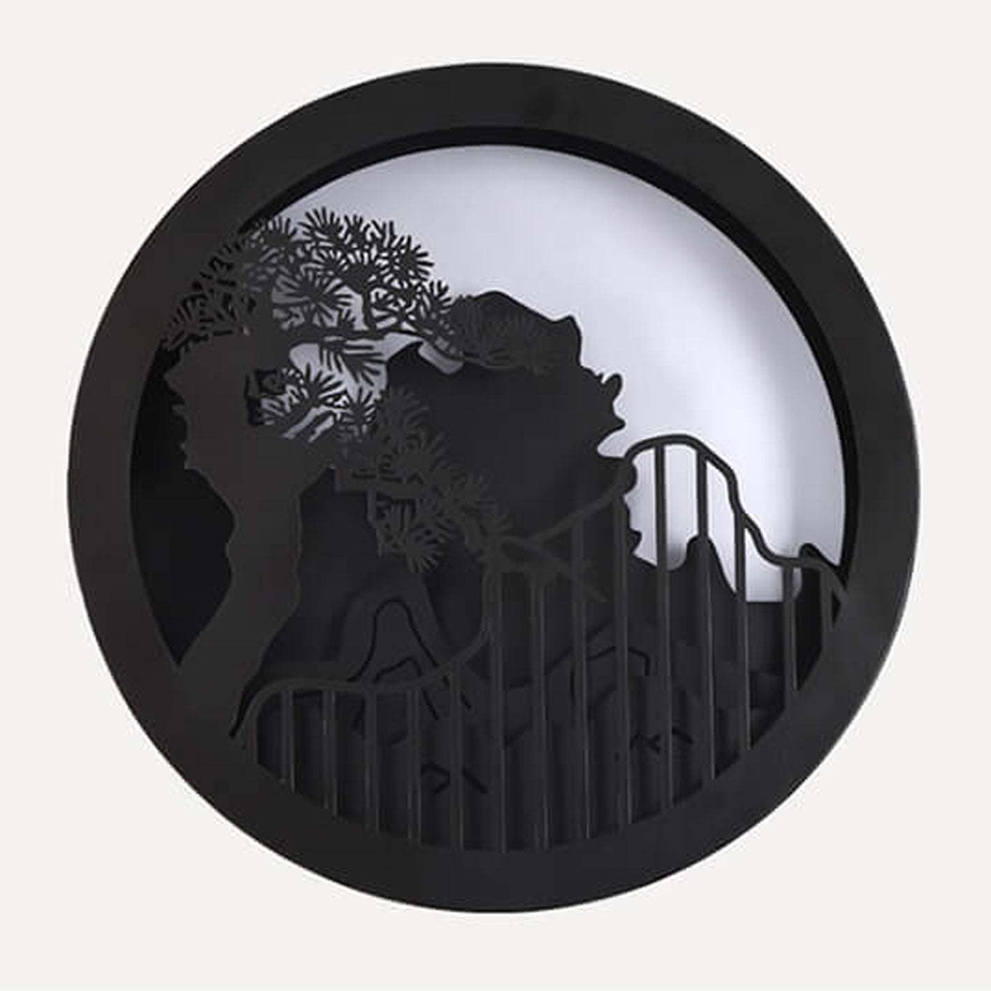Chinese Landscape Pine Zen Round LED Outdoor Wall Sconce — 220V-240V For UK/AU / Warm Light(3000K)