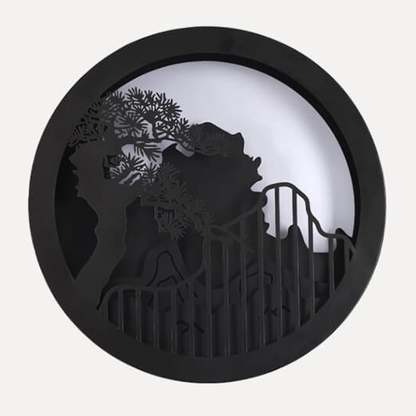 Chinese Landscape Pine Zen Round LED Outdoor Wall Sconce — 220V-240V For UK/AU / Warm Light(3000K)
