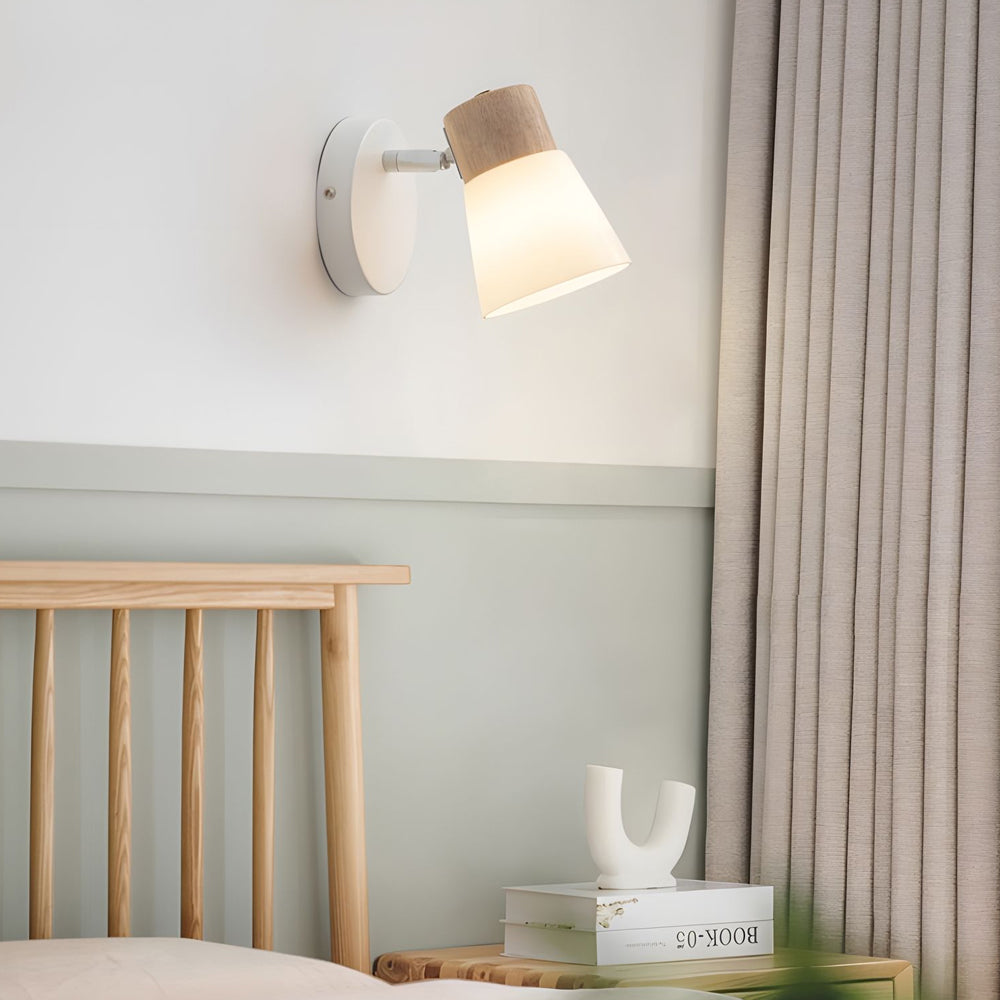 Wood Glass Cone Rotatable Light Wall Sconce, White-Lighom