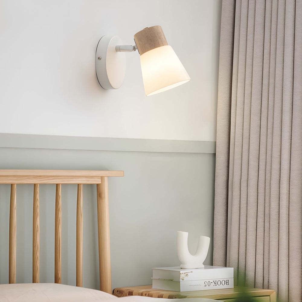 Wood Glass Cone Rotatable Light Wall Sconce, White-Lighom
