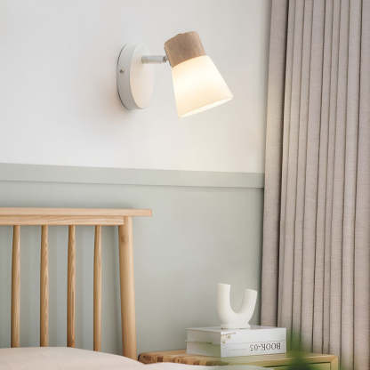 Wood Glass Cone Rotatable Light Wall Sconce, White-Lighom