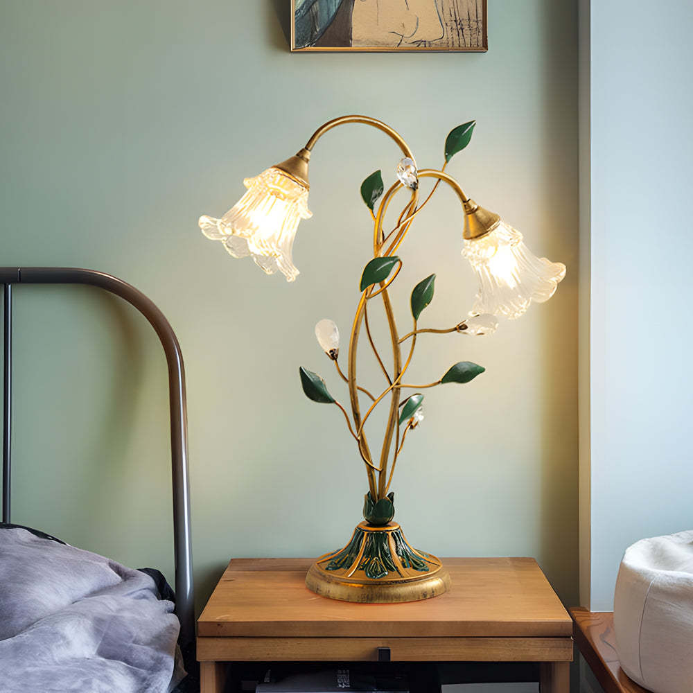 Dimmable Glass Floral Desk Lamp with Dual Lights and Leaf Accents for Ambiance-Lighom