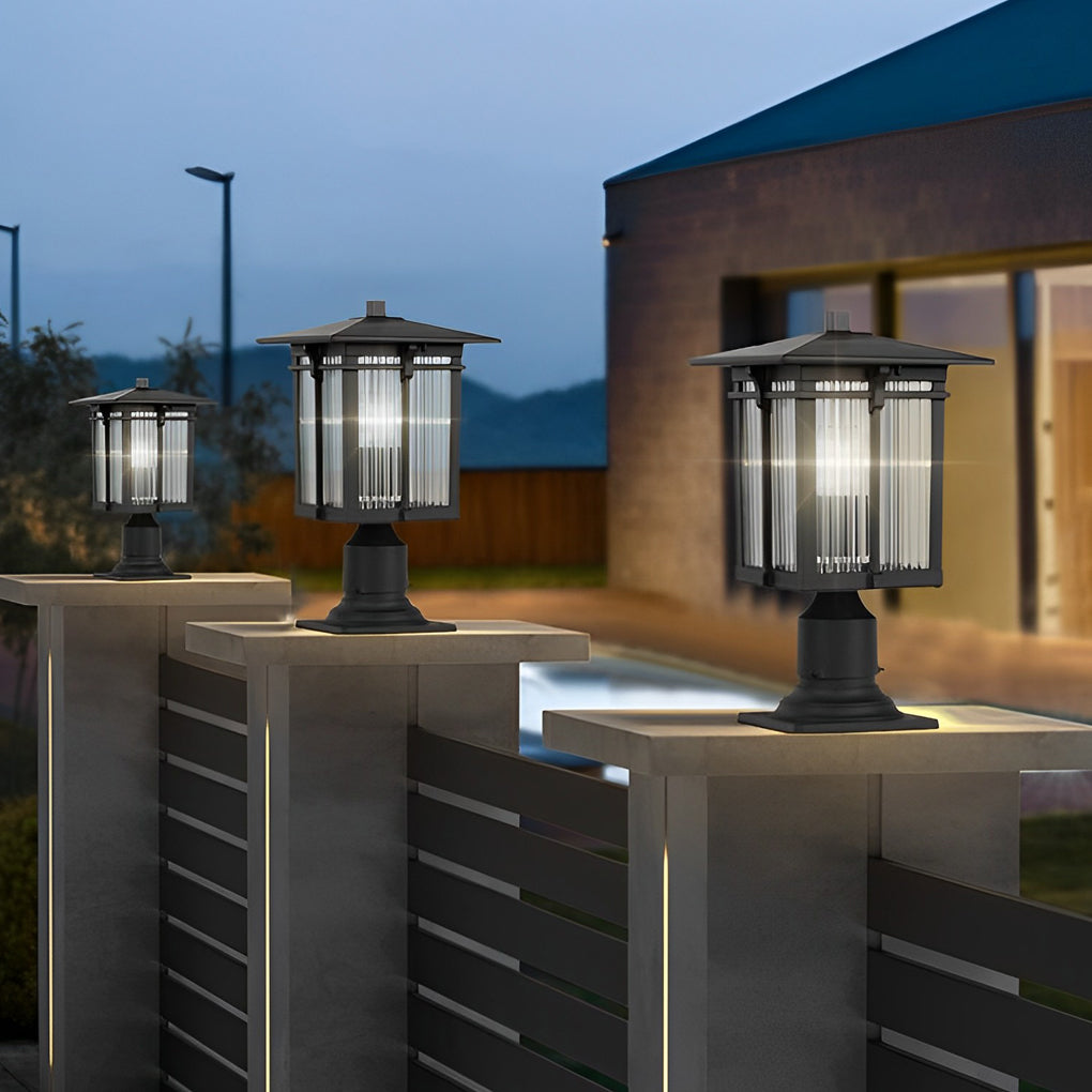 Striped Glass Shade LED Waterproof Black Modern Outdoor Post Lights-Lighom