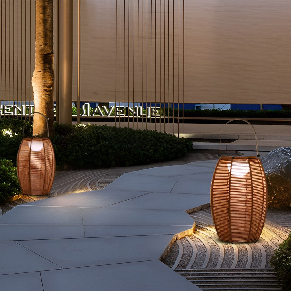 Rattan Lantern Shaped LED Waterproof Portable Modern Outdoor Floor Lamp-Lighom