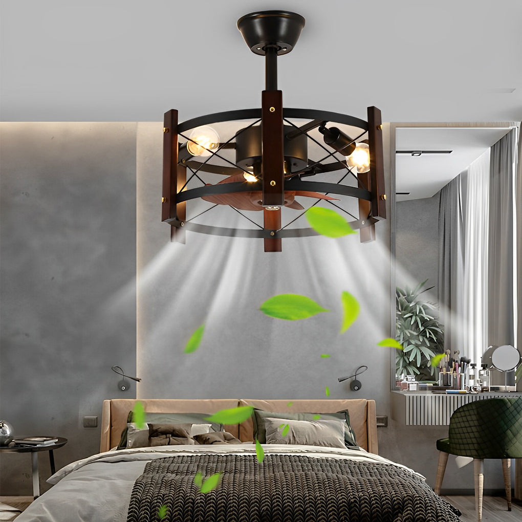 Retro Metal Black American Bladeless Ceiling Fan Chandelier