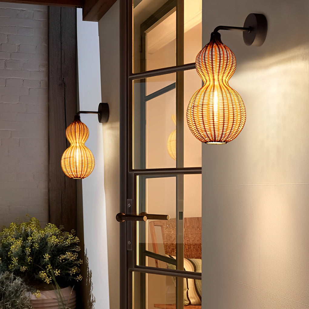 Woven Rattan Gourd Hanging Lamp Outdoor Pendant Light for Patio-Lighom