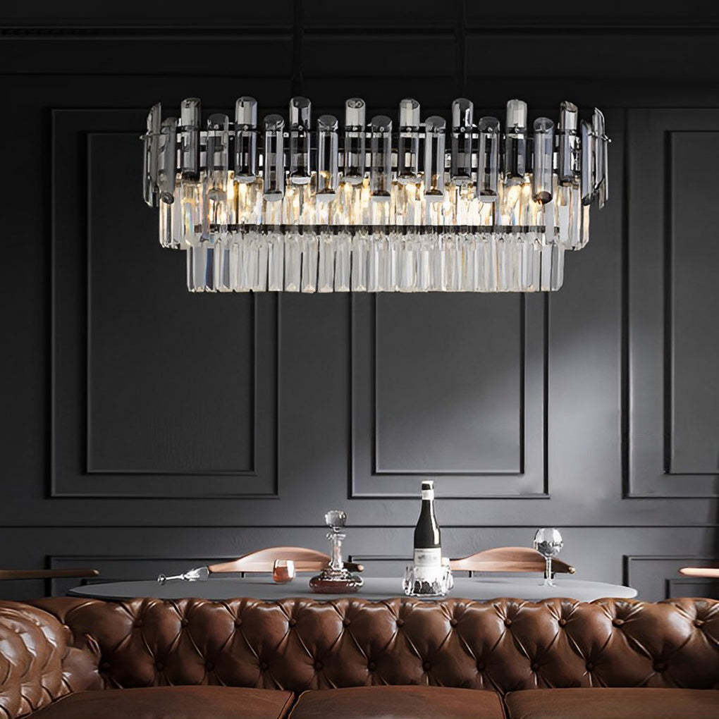 Mid-century rectangular long white crystal chandeliers, Lighom — 40.2"
