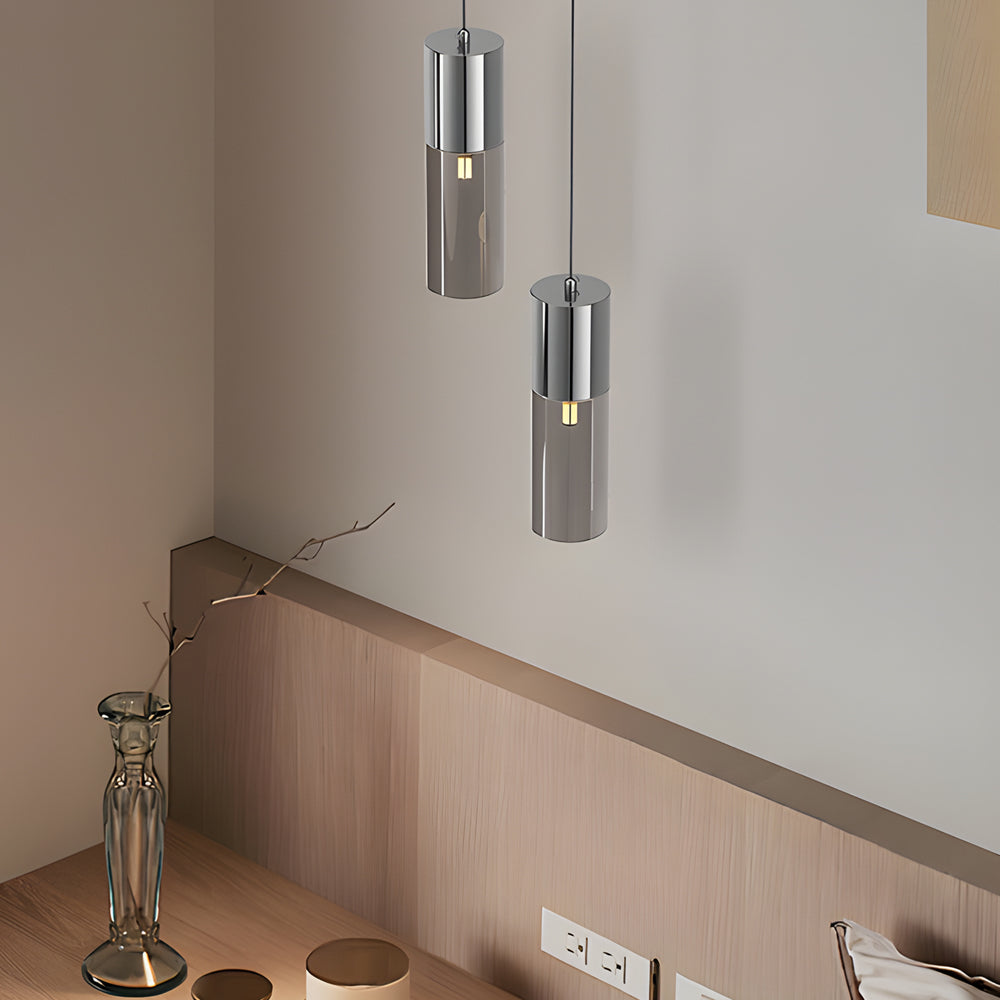 Small Cylinder Mirror Metal Smoke Gray Glass Pendant Light
