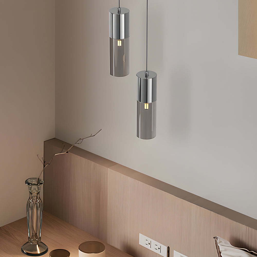 Small Cylinder Mirror Metal Smoke Gray Glass Pendant Light