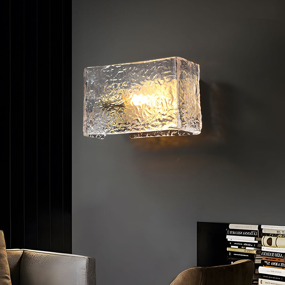 Modern Brass Rectangular Ripple Glass Bedside Wall Lamp