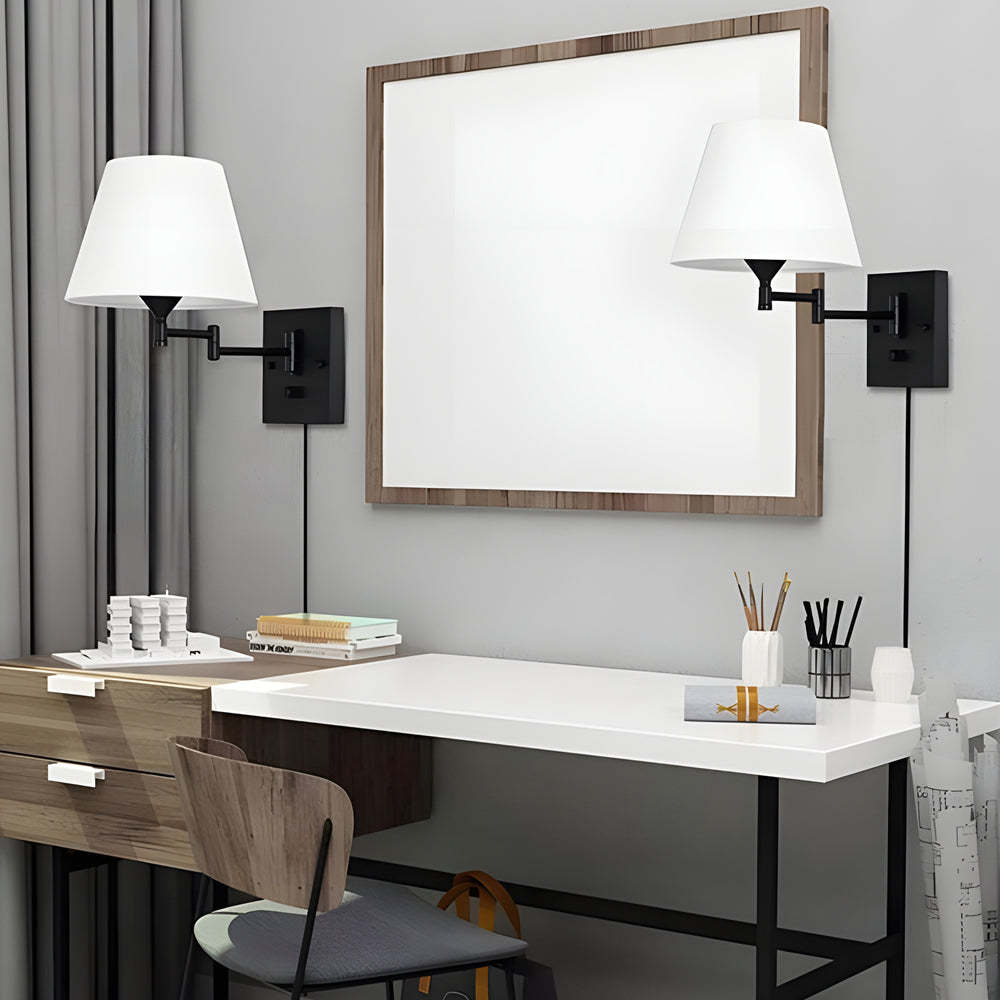 1-Light Linen/Brown/White Plug-In Swing Arm Wall Lamp with Linen Shade-Lighom