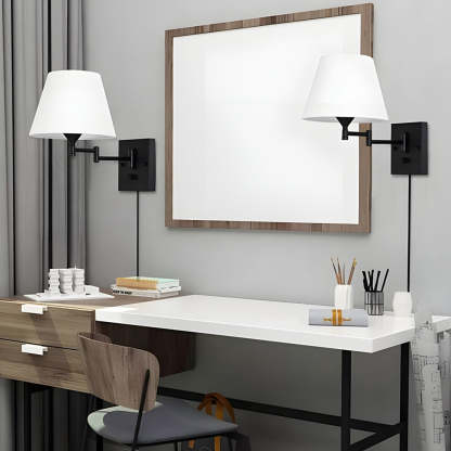 1-Light Linen/Brown/White Plug-In Swing Arm Wall Lamp with Linen Shade-Lighom