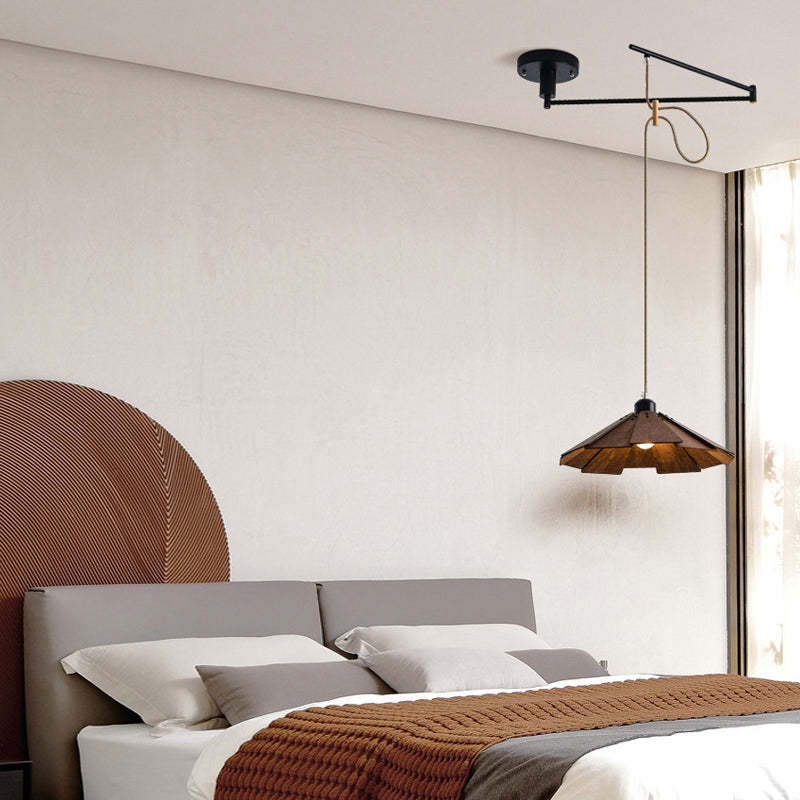 Wood Umbrella Dimmable Swing Arm Modern Chandelier