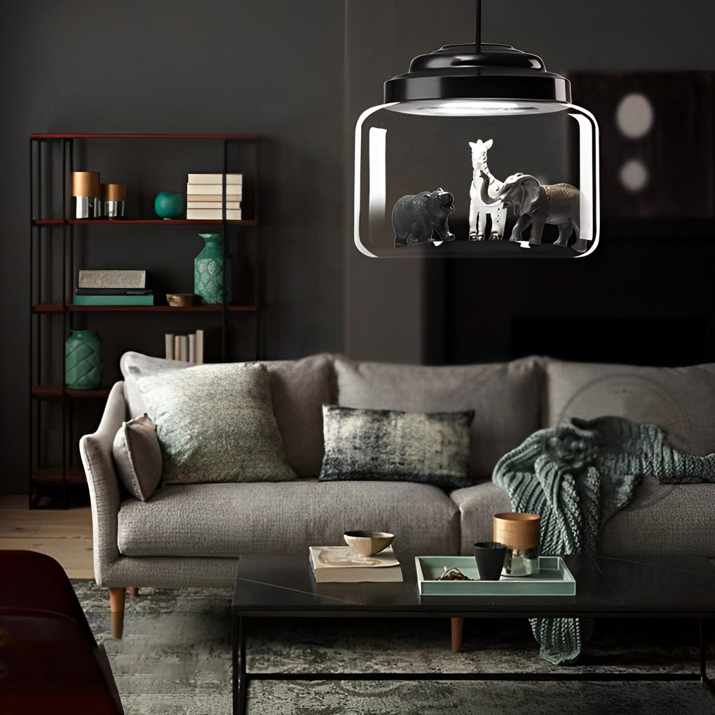 Animal Decor Glass Jar LED Black Modern Pendant Light — Camel+Giraffe+Tiger / Warm White