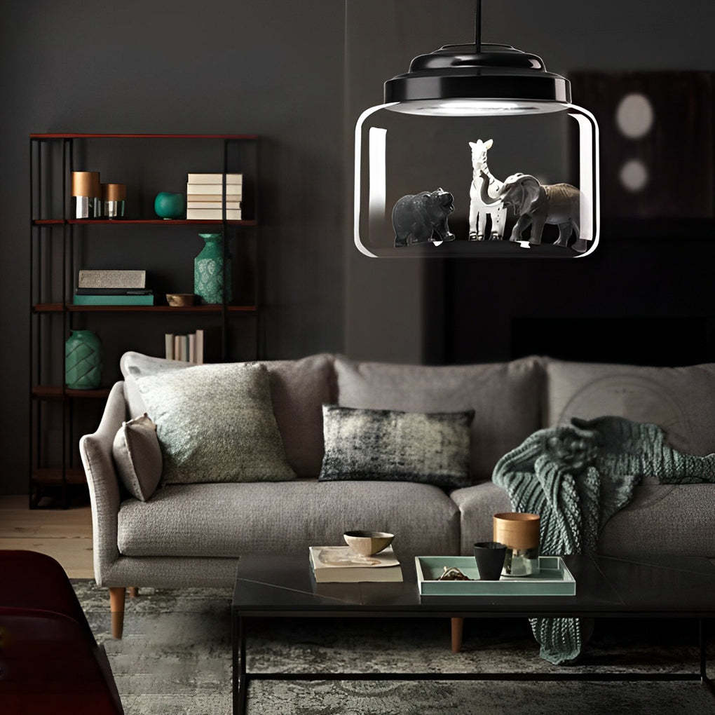Animal Decor Glass Jar LED Black Modern Pendant Light — Camel+Giraffe+Tiger / Warm White