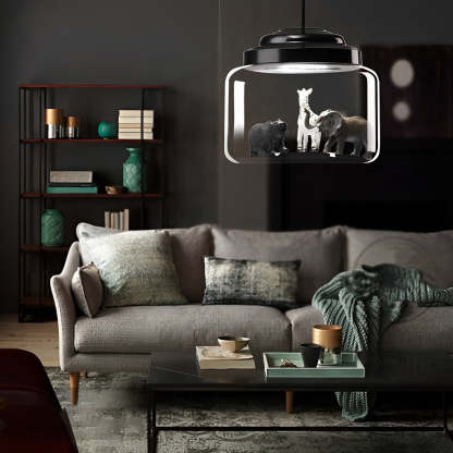 Animal Decor Glass Jar LED Black Modern Pendant Light — Camel+Giraffe+Tiger / Warm White