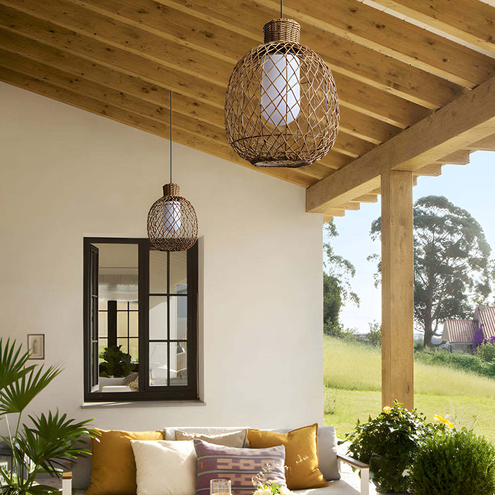 Outdoor Rattan Pendant Lights 10W Rustic Modern LED Ceiling Hanging Lantern Lights-Lighom