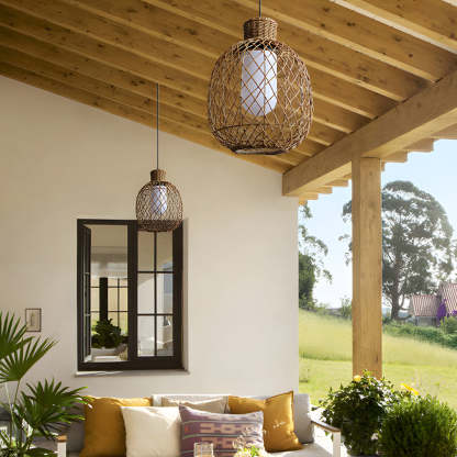 Outdoor Rattan Pendant Lights 10W Rustic Modern LED Ceiling Hanging Lantern Lights-Lighom