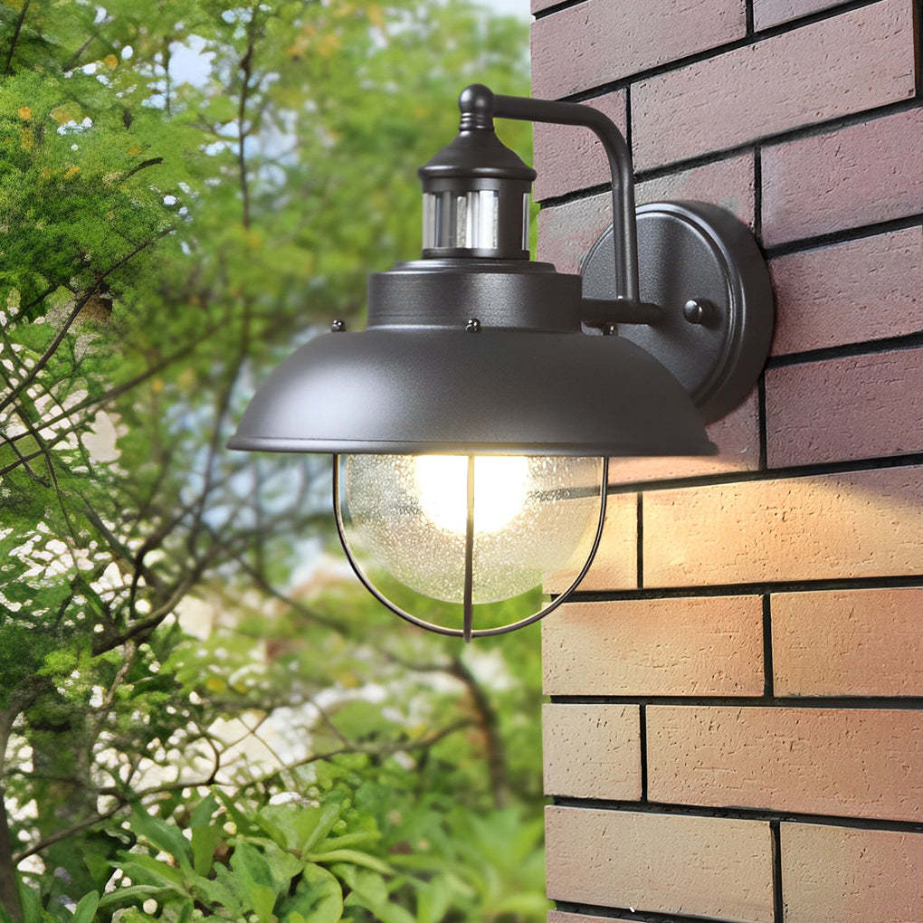 Nautical Black Metal Cage Seeded Glass Outdoor Wall Light