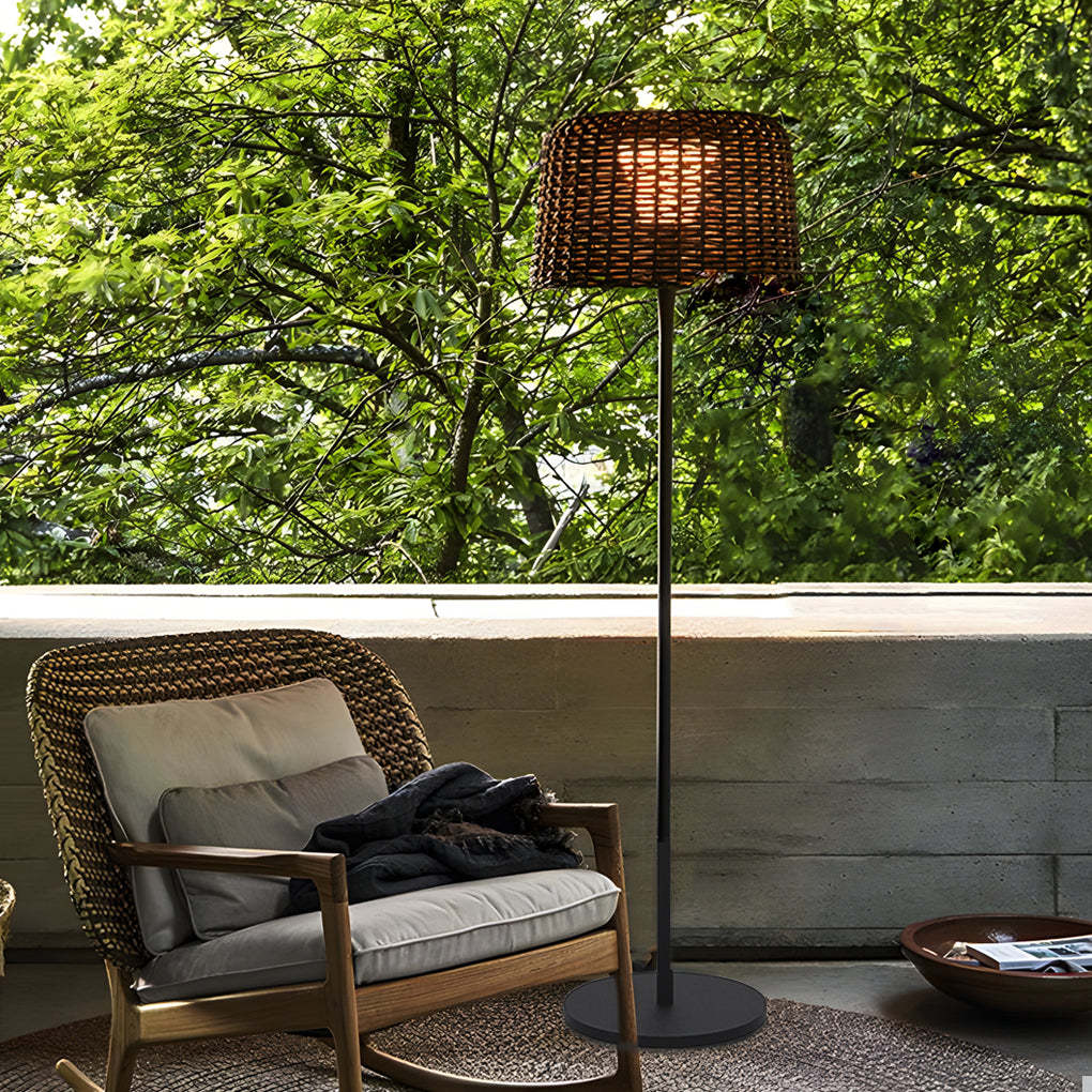 Rustic Woven Rattan Shaded Metal Outdoor Floor Lamp-Lighom