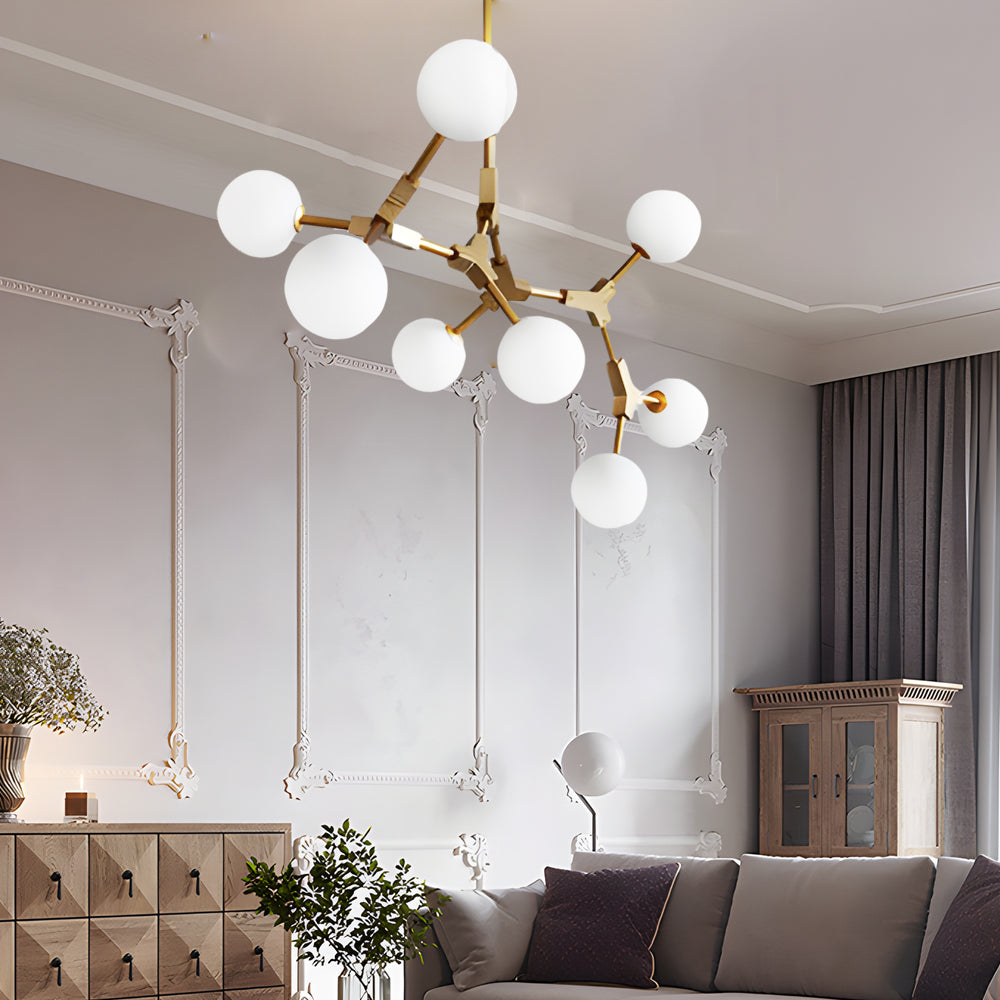 Gold Molecule Chandelier with White Glass Shades