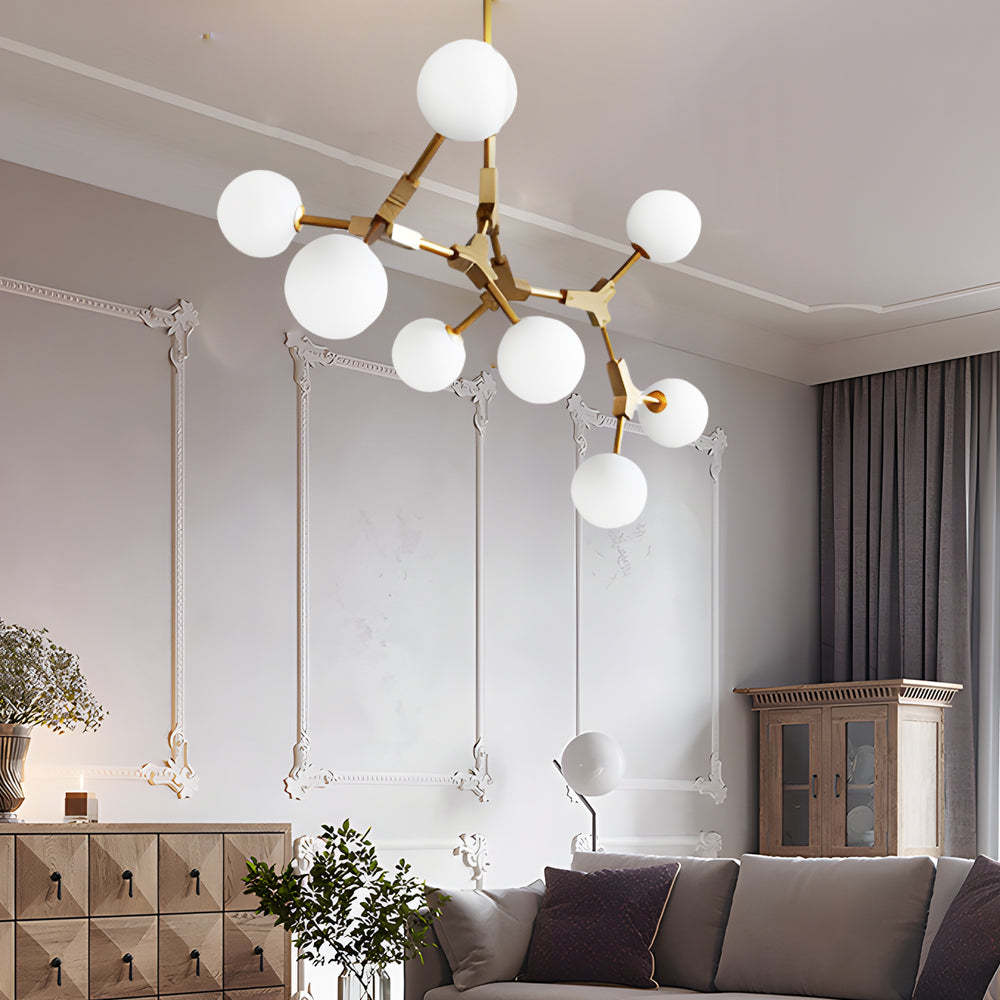 Gold Molecule Chandelier with White Glass Shades
