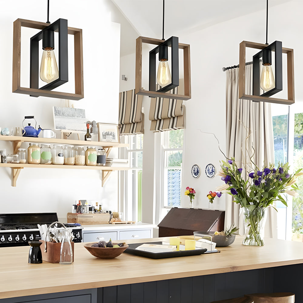 Wood Frame Retro American Long Dining Chandelier
