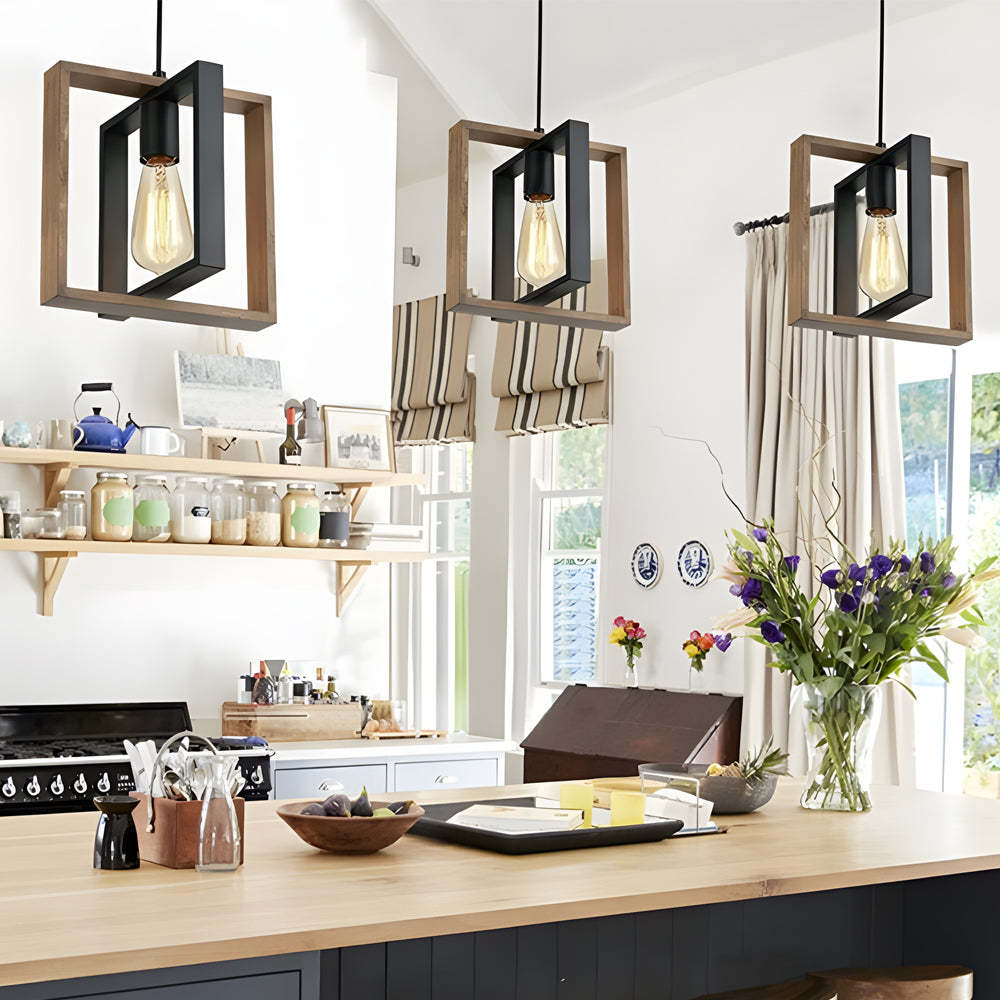 Wood Frame Retro American Long Dining Chandelier