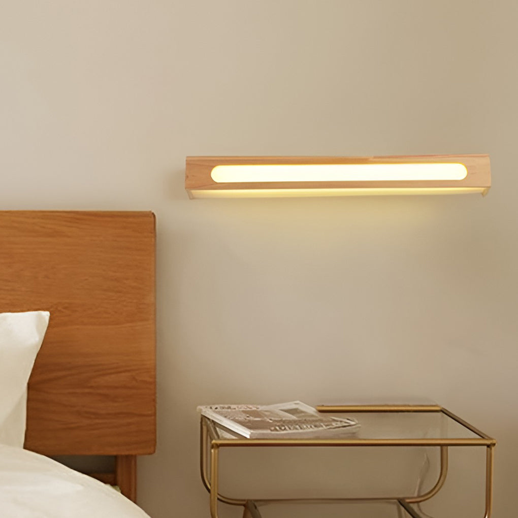 Lighom rustic rectangular mirror brown led wall lights in wood — 14" L / Cool White (6000K)