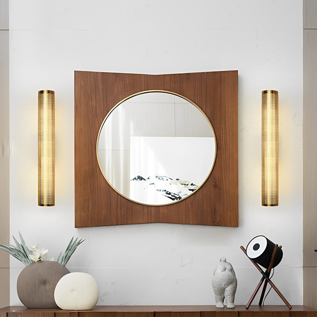 Gold Perforated Cylindrical Bathroom Vanity Light with Mesh Design-Lighom