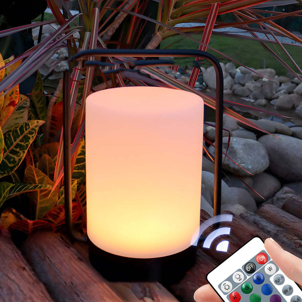 Modern Black Portable Outdoor Table Lamp With White Cylinder Shade, USB, IP65-Lighom