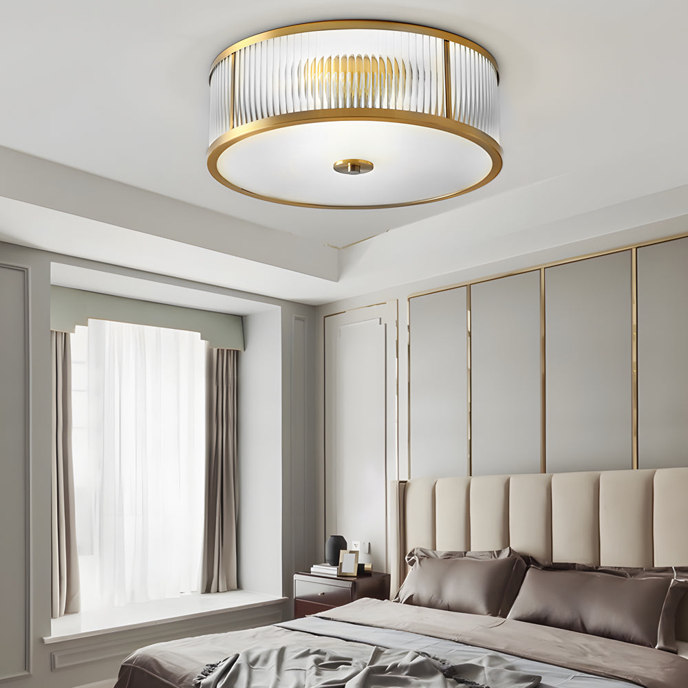 Gold modern ribbed clear flush mount lighting — 5.3" H x 13.8" Dia / Warm White (3000K)