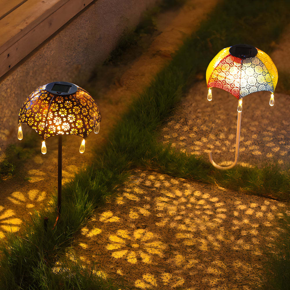Retro Iron Hollow Umbrella Modern Solar Lawn Light — Copper