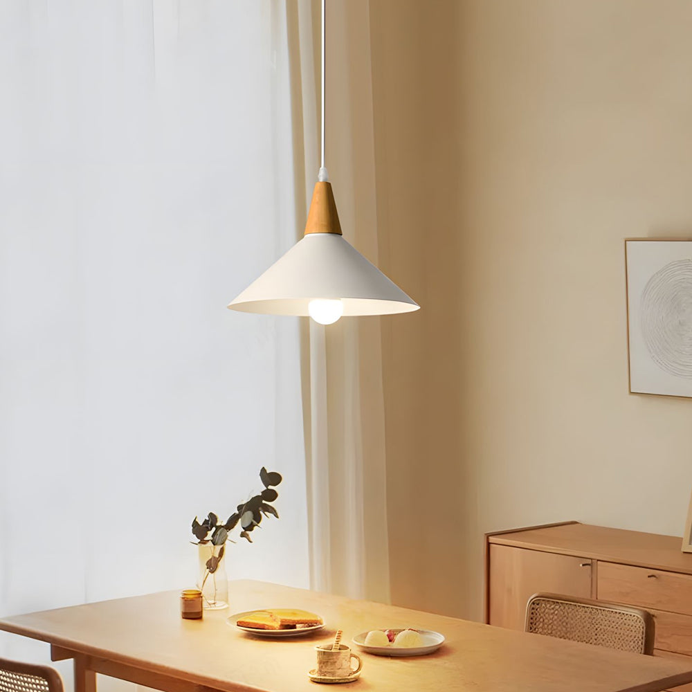 White Nordic Metal Cone Wood Top Pendant